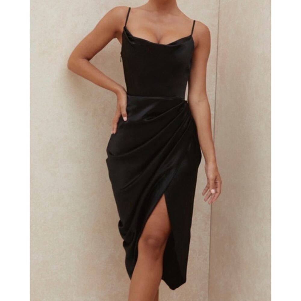 House of CB Reva Black Satin Cocktail Bodycon Dress Womens Medium